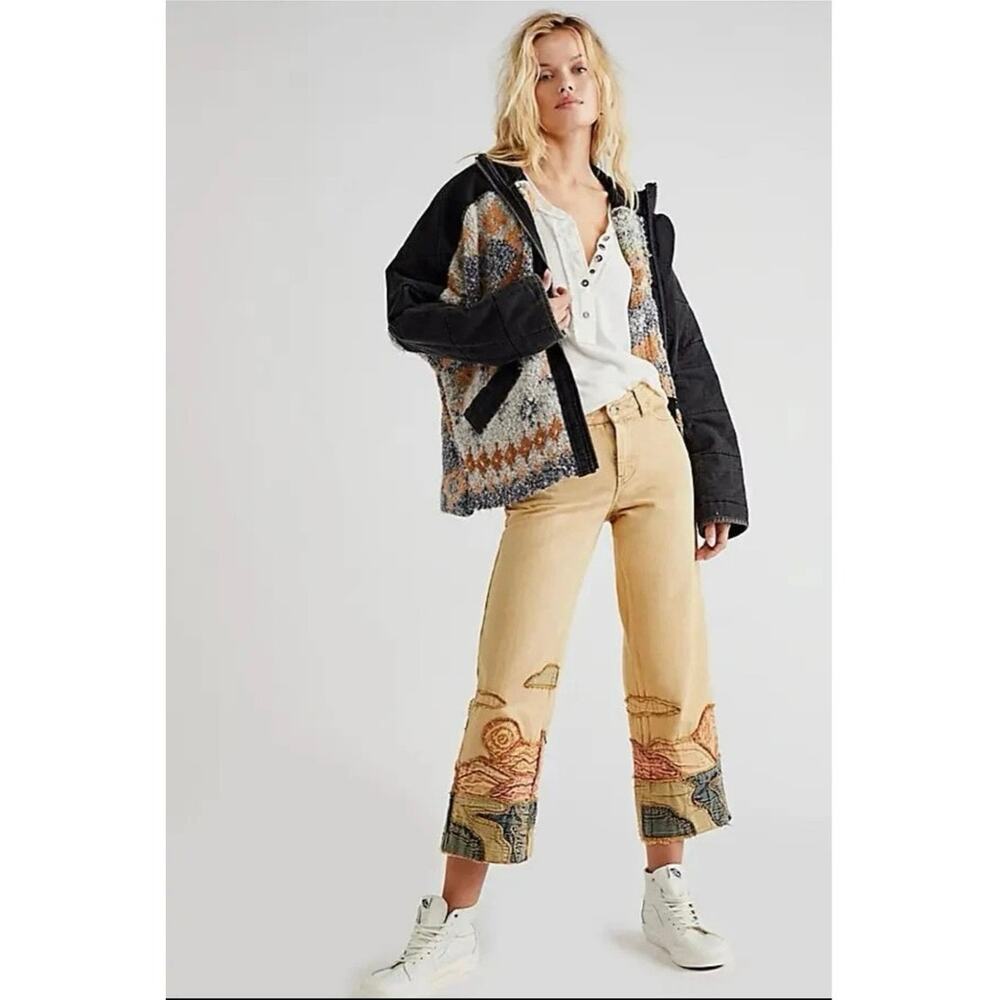 Free People Golden Vibes Crop Jeans Embroidered Western Boho Festival Artsy - Picture 3 of 9
